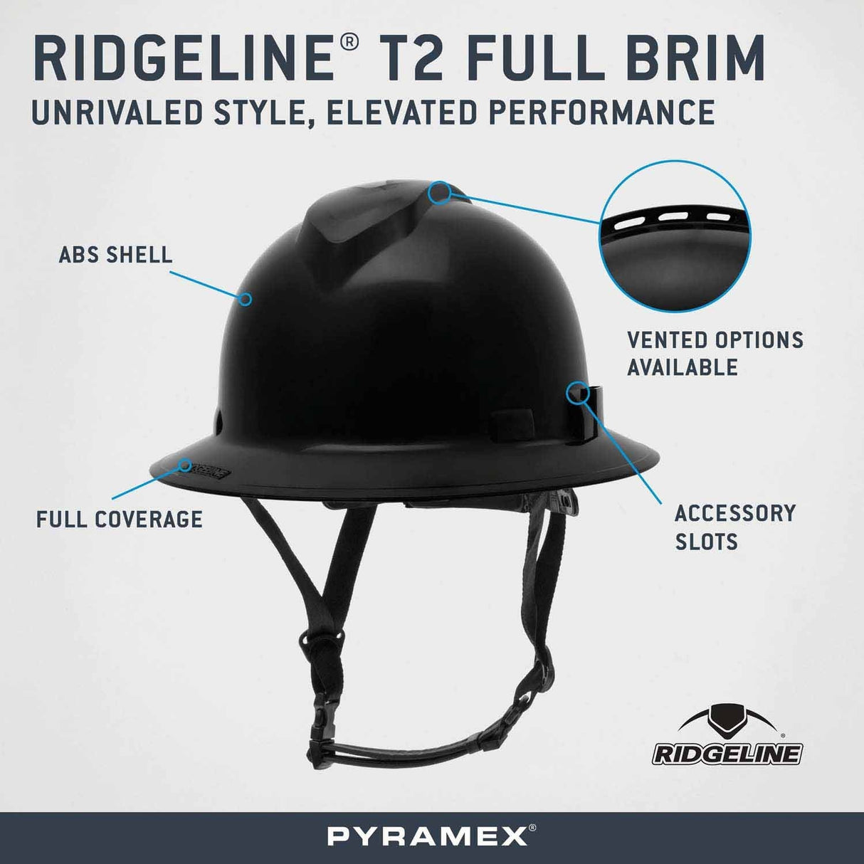 Pyramex HPT256111 Ridgeline T2 Full Brim Hard Hat with 6pt Ratchet Suspension - Black - 2