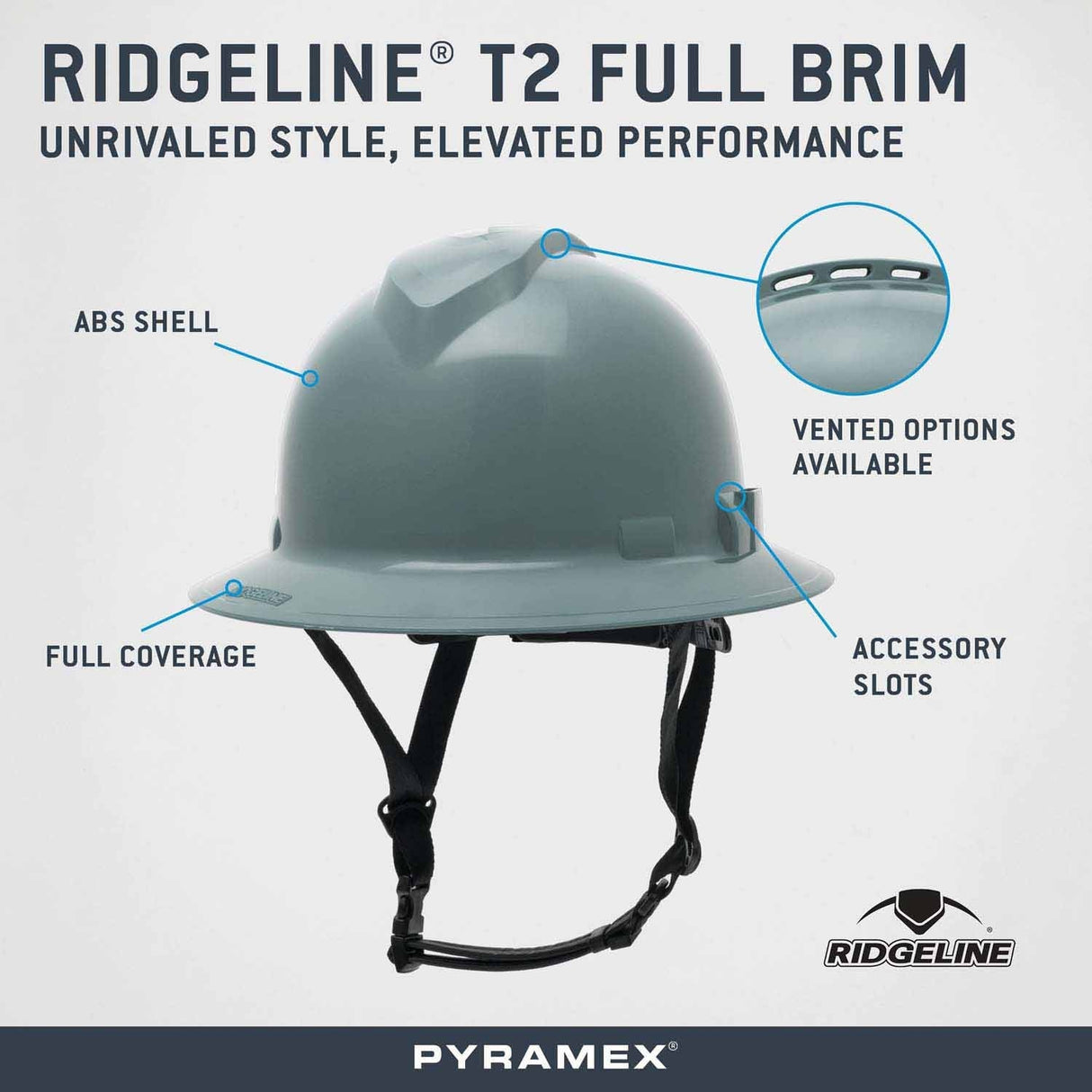 Pyramex HPT256113V Ridgeline T2 Full Brim Hard Hat - Vented - Slate Gray - 6pt Ratchet Suspension - 2