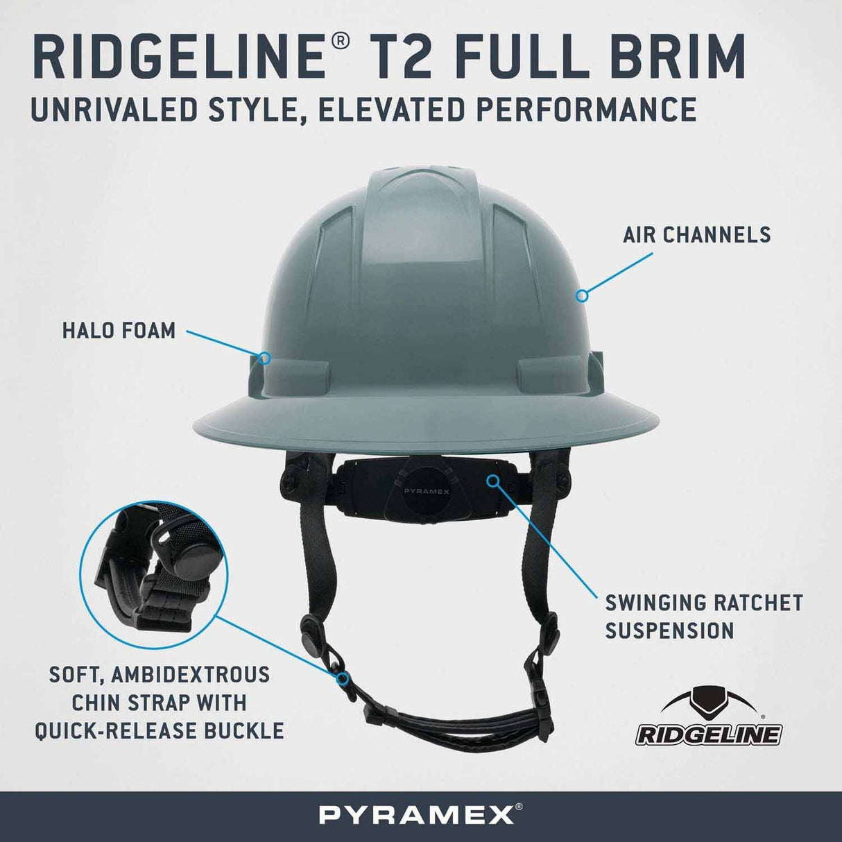 Pyramex HPT256113V Ridgeline T2 Full Brim Hard Hat - Vented - Slate Gray - 6pt Ratchet Suspension - 3