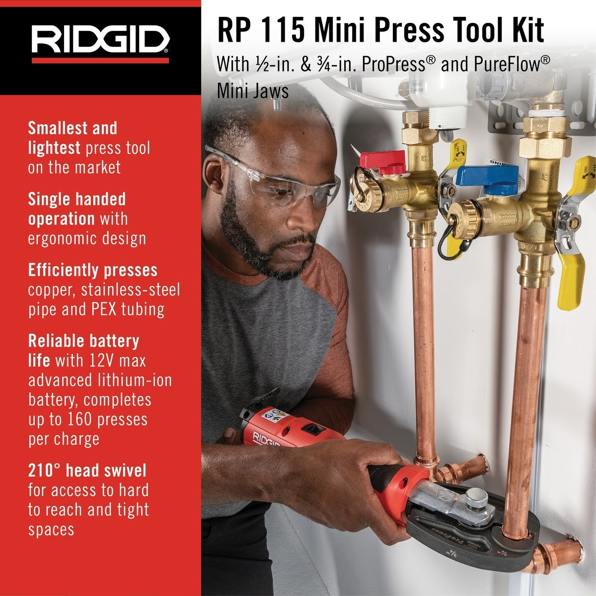 Ridgid 72558 RP 115 Mini Press Tool Battery Kit with ProPress and PureFlow Jaws 1/2 in. to 3/4 in. (Kit) - 6