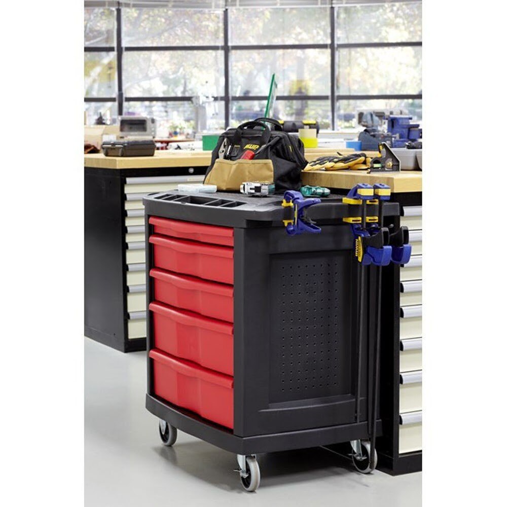 Rubbermaid FG773488BLA 5-Drawer Mobile Work Center for Tool and Supply Storage - 5