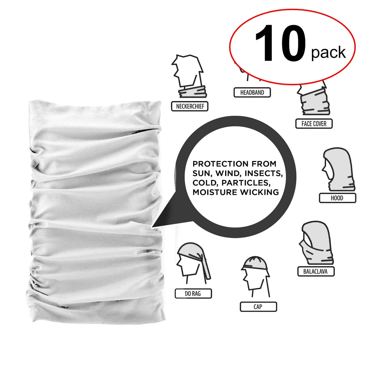 Vela 7134 Multi-Position Moisture Wicking Face Buff - White - 10 Pack - 2