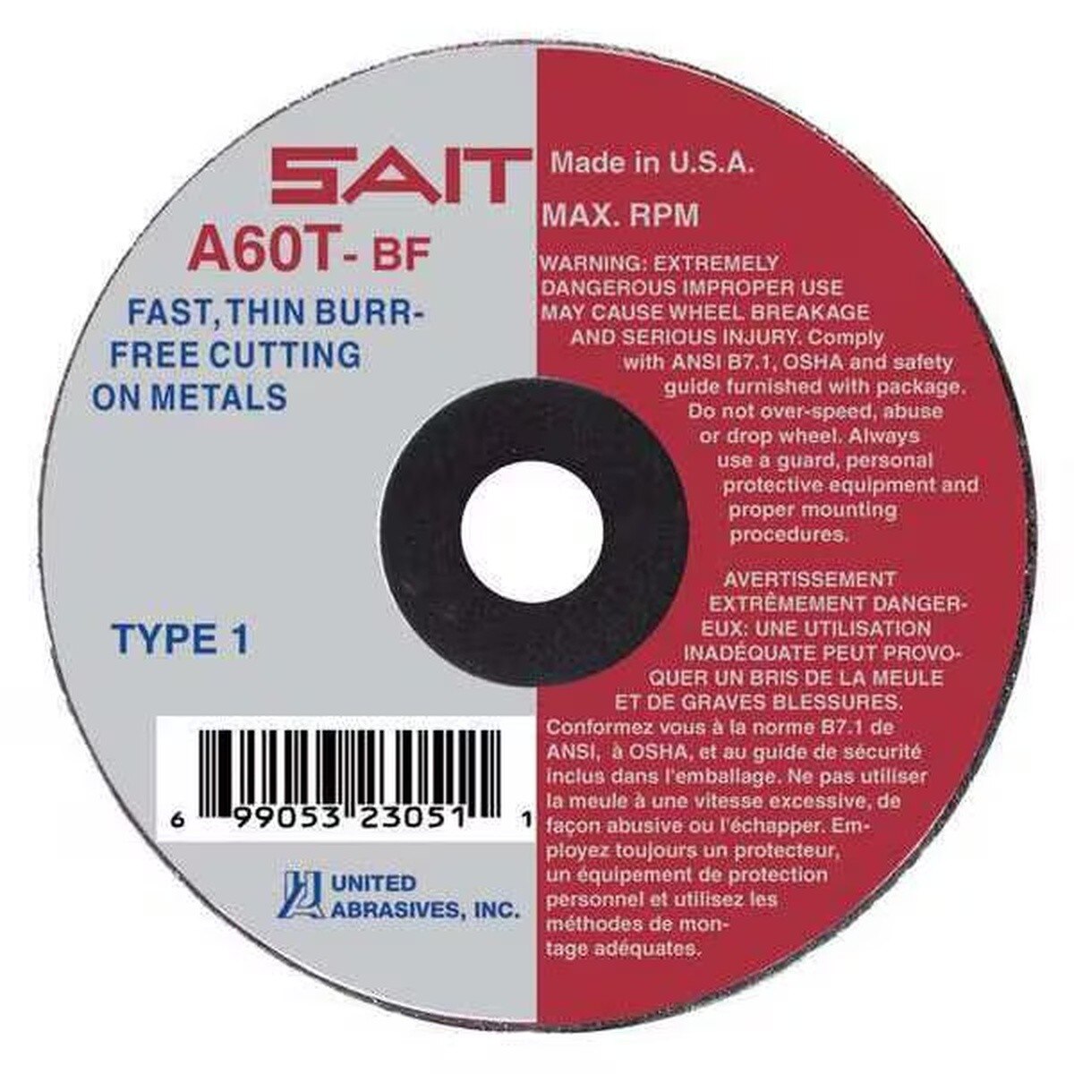 Sait 23043 3 in Type 1 Aluminum Oxide Cut-Off Wheel 60 Grit 1/4 in Arbor (1 Pack)