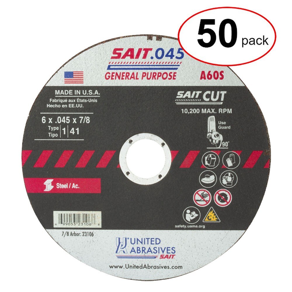 Sait 23106 Type A60S 1 6" x .045" x 7/8" Aluminum Oxide Metal Cut-Off Wheel (50PK)