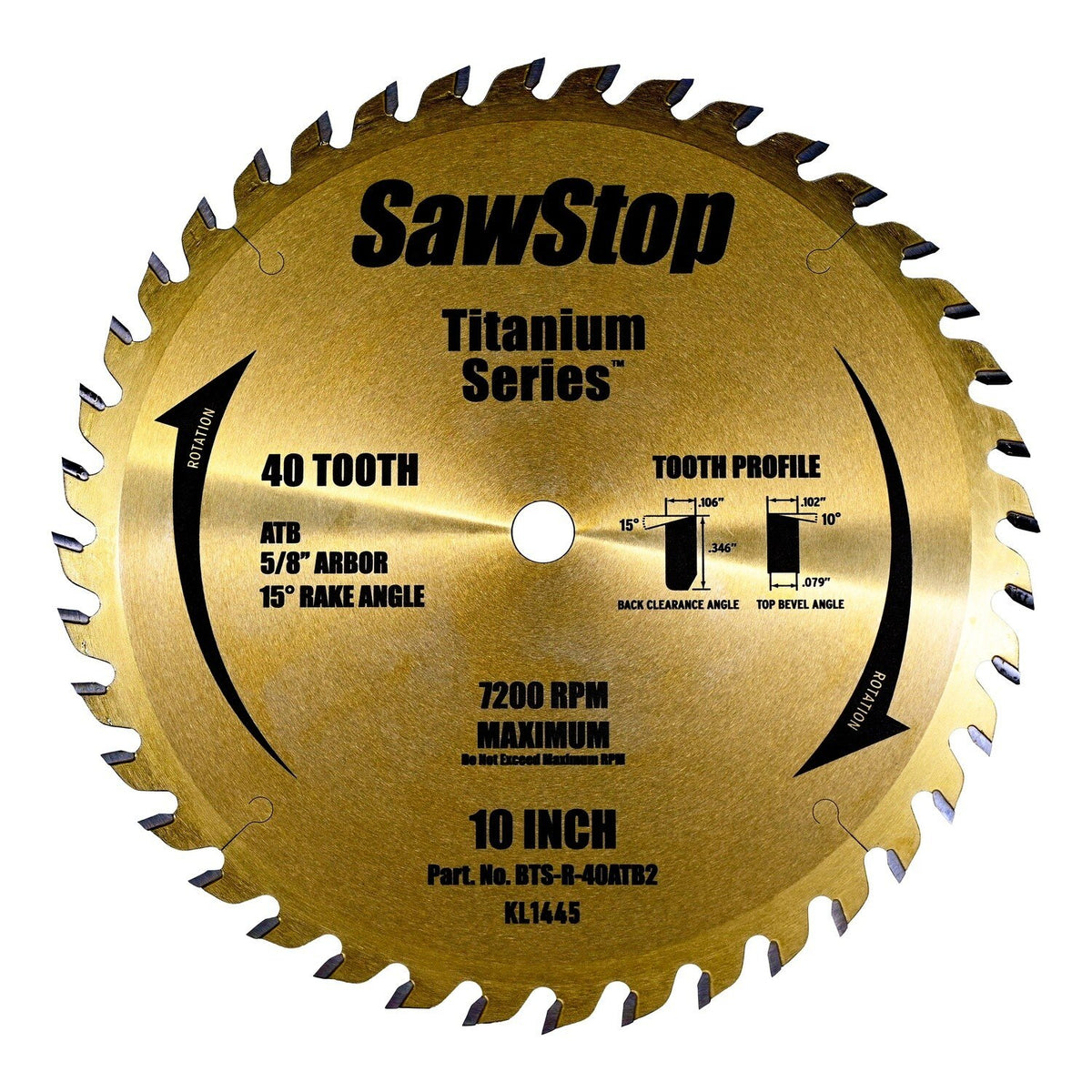 SawStop BTS-R-40ATB2 10" 40 Tooth Titanium Table Saw Blade for Rip and Cross Cuts