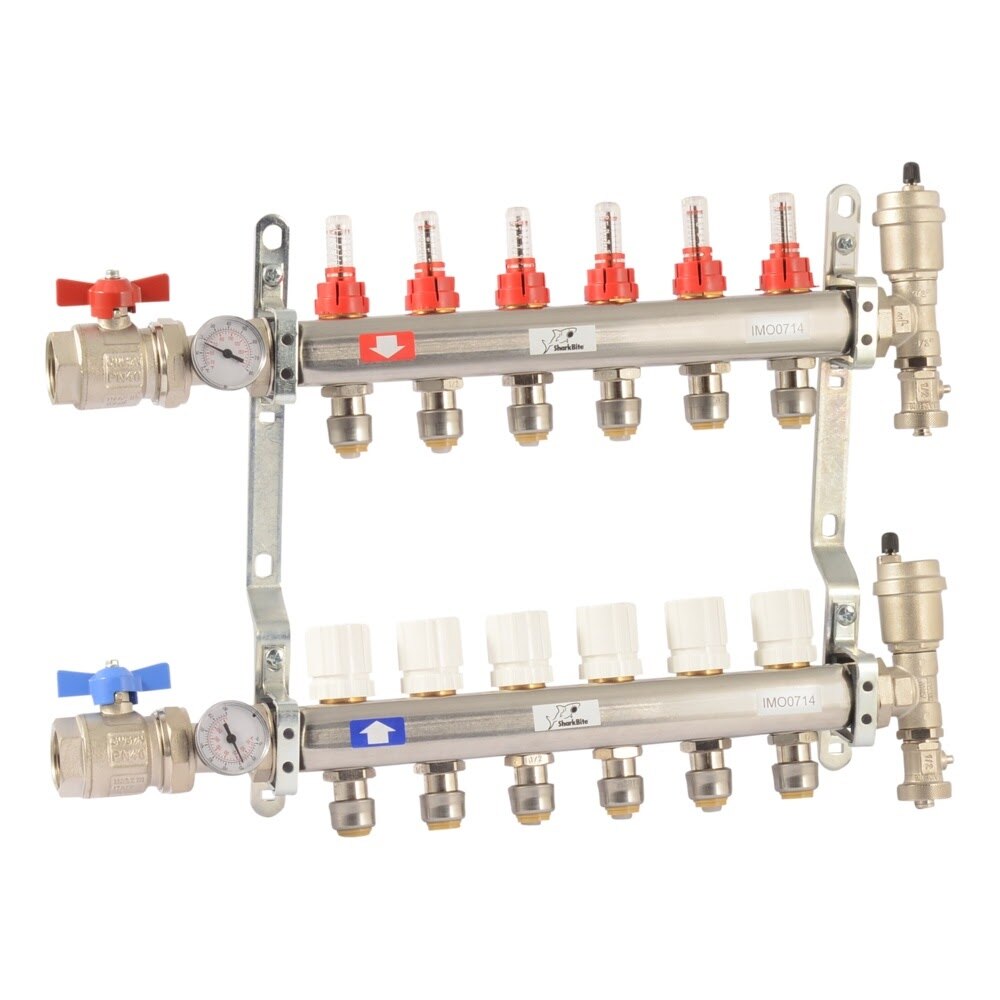 SharkBite 24933 6 Loop Stainless Steel Radiant Heating Manifold Kit with 1 in FNPT Inlet