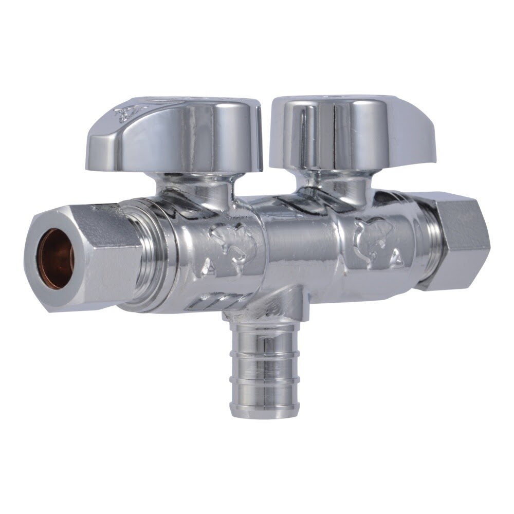 SharkBite UCDS123838 Brass Quarter Turn Dual Shut Off Angle Stop Valve 1/2 in. x 3/8 in. OD x 3/8 in. OD