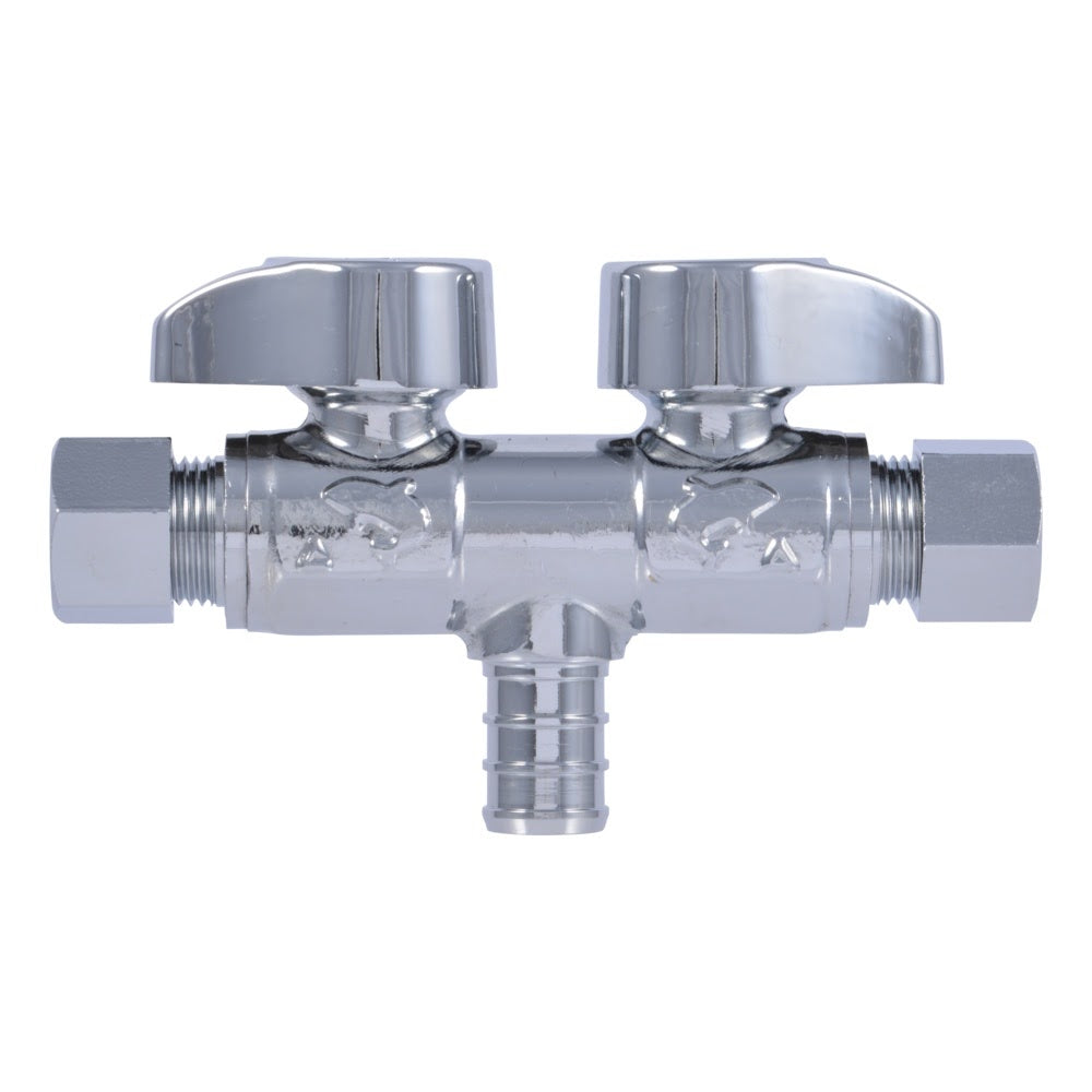 SharkBite UCDS123838 Brass Quarter Turn Dual Shut Off Angle Stop Valve 1/2 in. x 3/8 in. OD x 3/8 in. OD - 2
