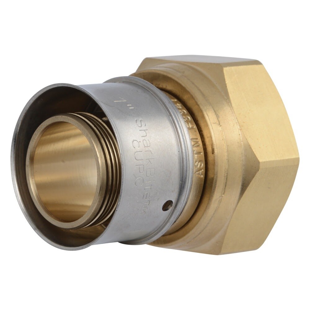 SharkBite UCP594 1 in x 1 in NPSM Brass PEX Press Swivel Adapter with Stainless Steel Sleeve