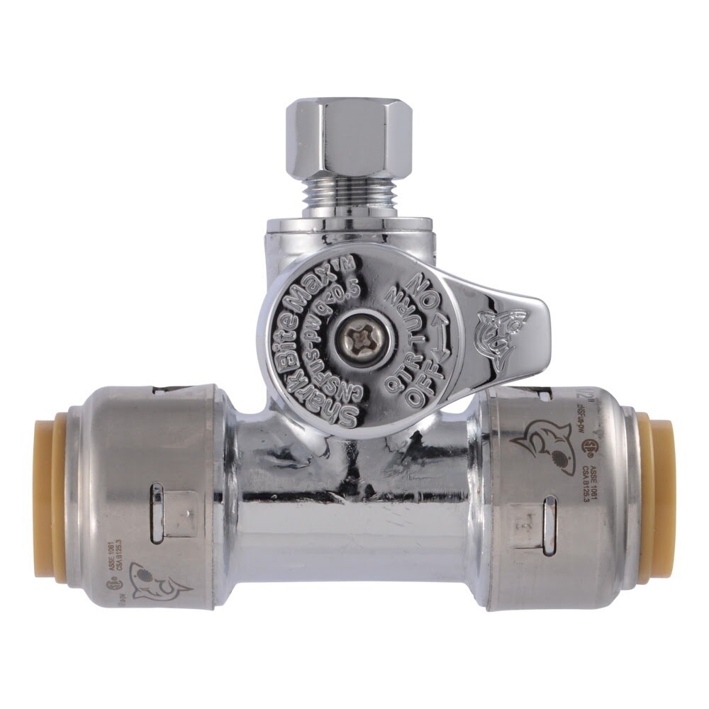SharkBite UR24983A 1/2 in. Push-to-Connect x 1/2 in. Push-to-Connect x 1/4 in. OD Compression Chrome-Plated Brass Service Stop Tee - 2