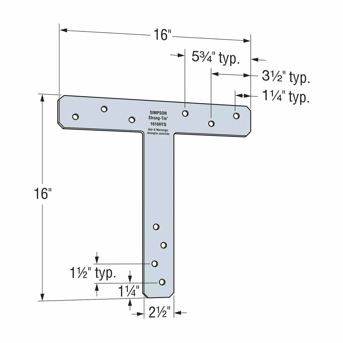 Simpson 1616HTQ Strong-Tie 16 x 16" 7-Gauge Hot-Dip Galvanized Heavy T Strap for Structural Wood Connections - 2