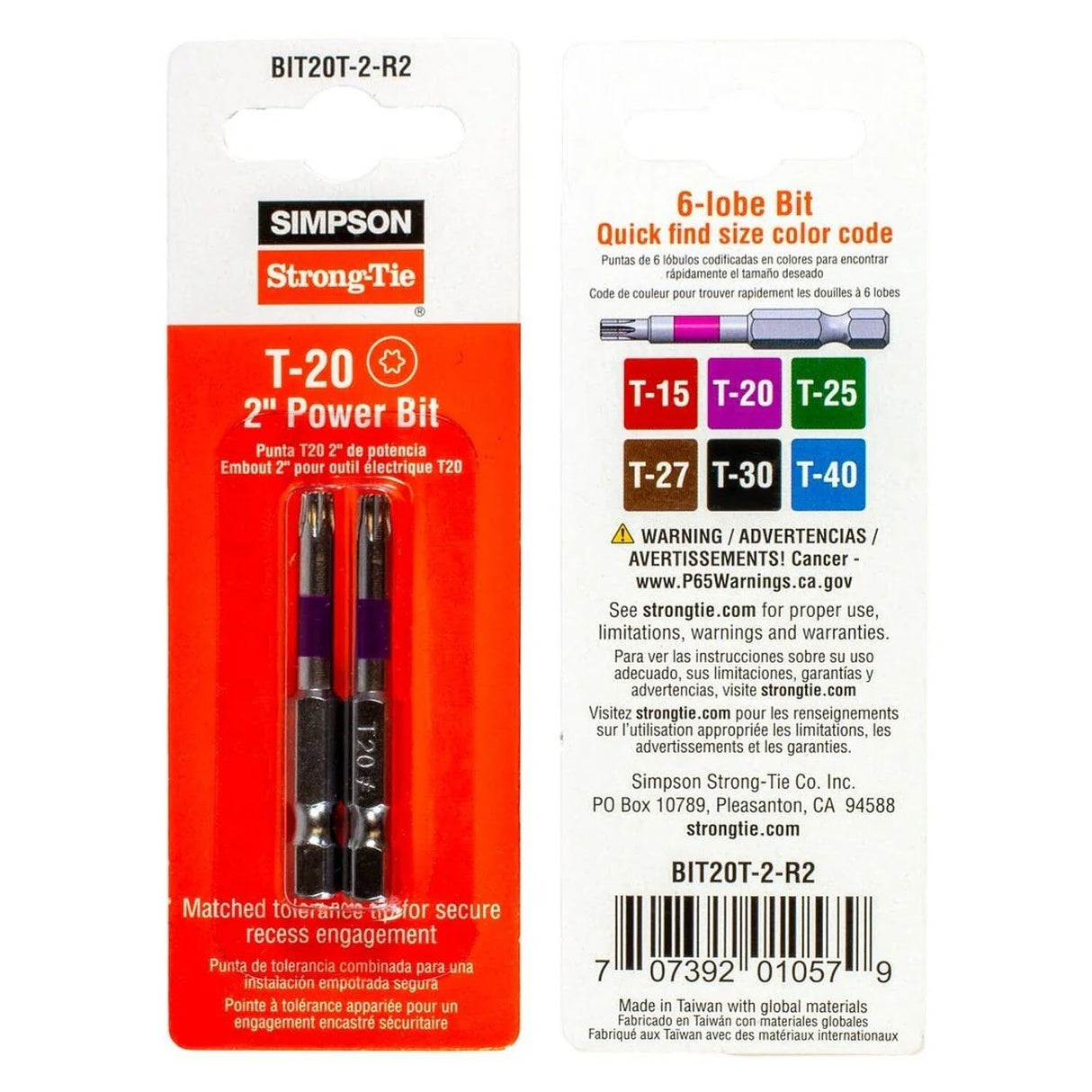 Simpson Strong-Tie BIT20T-2-R2 (T20 x 2") 6-Lobe-Drive Power Bit (2 Pack) - 2
