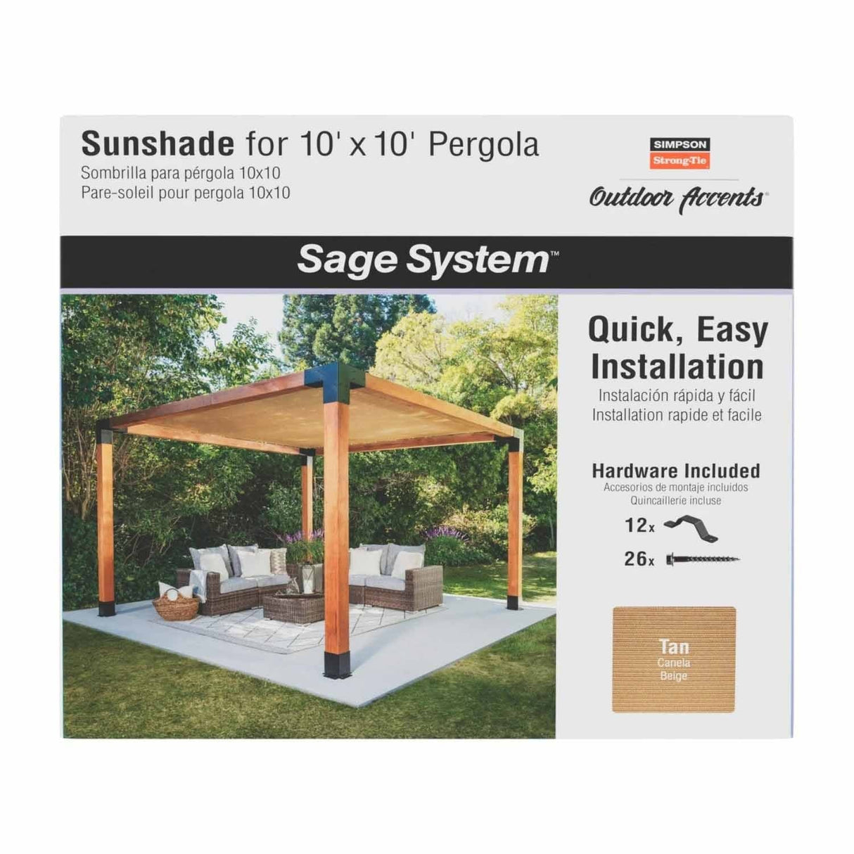 Simpson Strong-Tie SAGE-SHADE10X10T (10' x 10') Outdoor Accents Sage System Sunshade for Pergola, Tan - 5