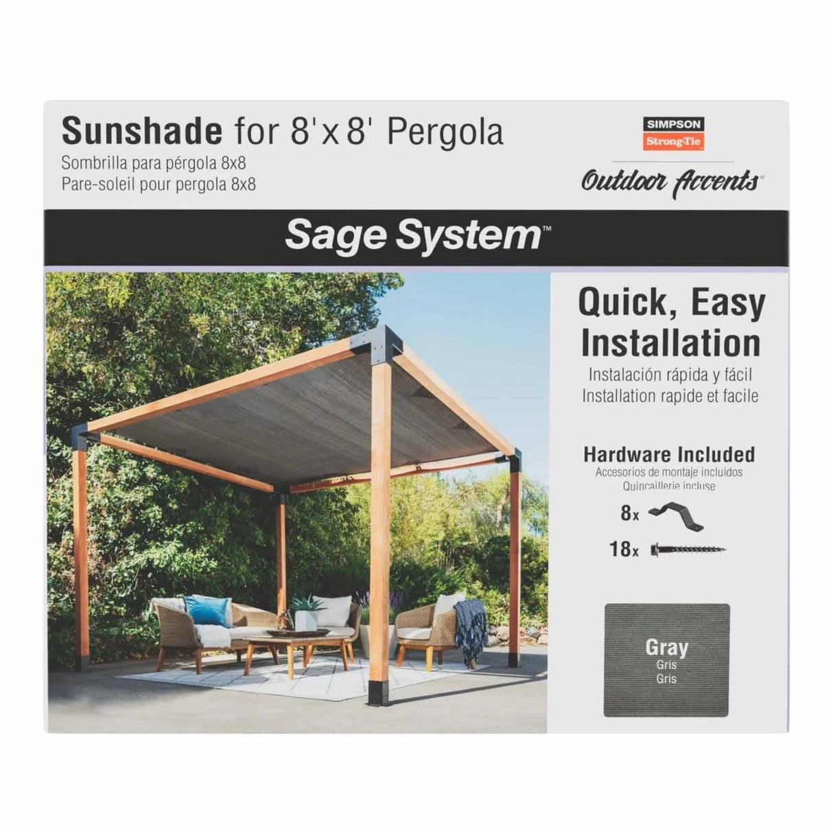Simpson Strong-Tie SAGE-SHADE8X8G (8' x 8') Outdoor Accents Sage System Sunshade for Pergola, Gray - 5