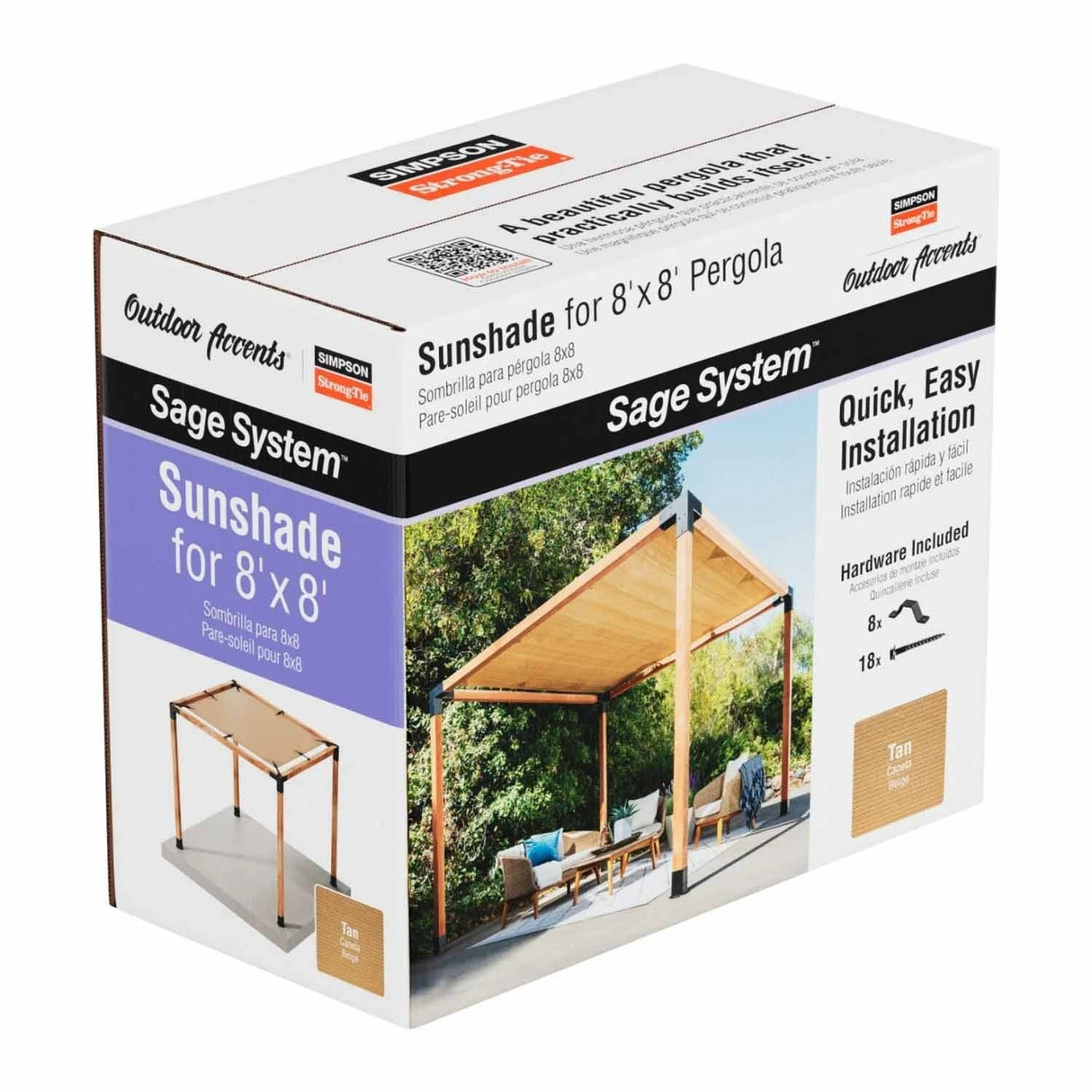 Simpson Strong-Tie SAGE-SHADE8X8T (8' x 8') Outdoor Accents Sage System Sunshade for Pergola, Tan - 2