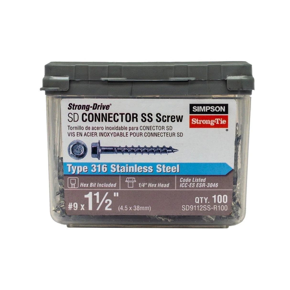 Simpson Strong-Tie SD9112SS-R100 Strong-Drive (#9 x 1-1/2") SD Connector SS Screw, 1/4" Hex Head, Type 316 (100 Pack) - 2