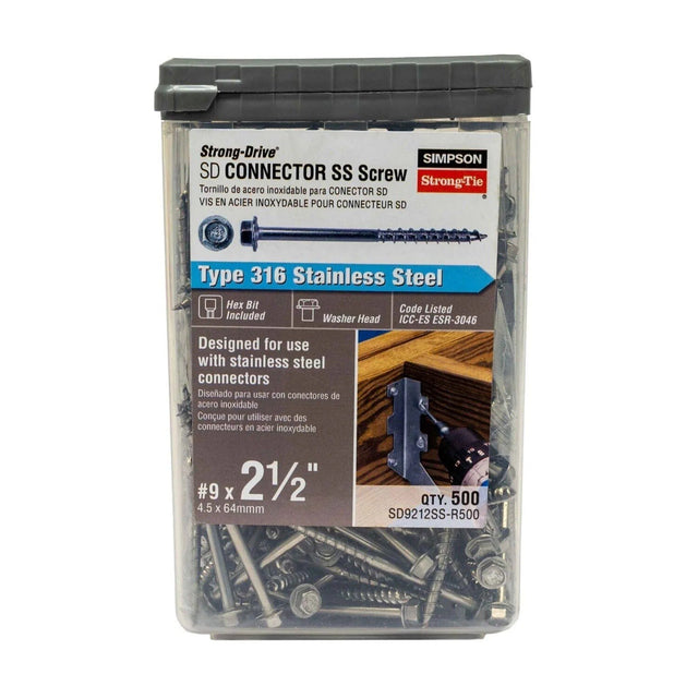 Simpson Strong-Tie SD9212SS-R500 Strong-Drive (#9 x 2-1/2") SD Connector SS Screw, 1/4" Hex Head,Type 316 (500 Pack)
