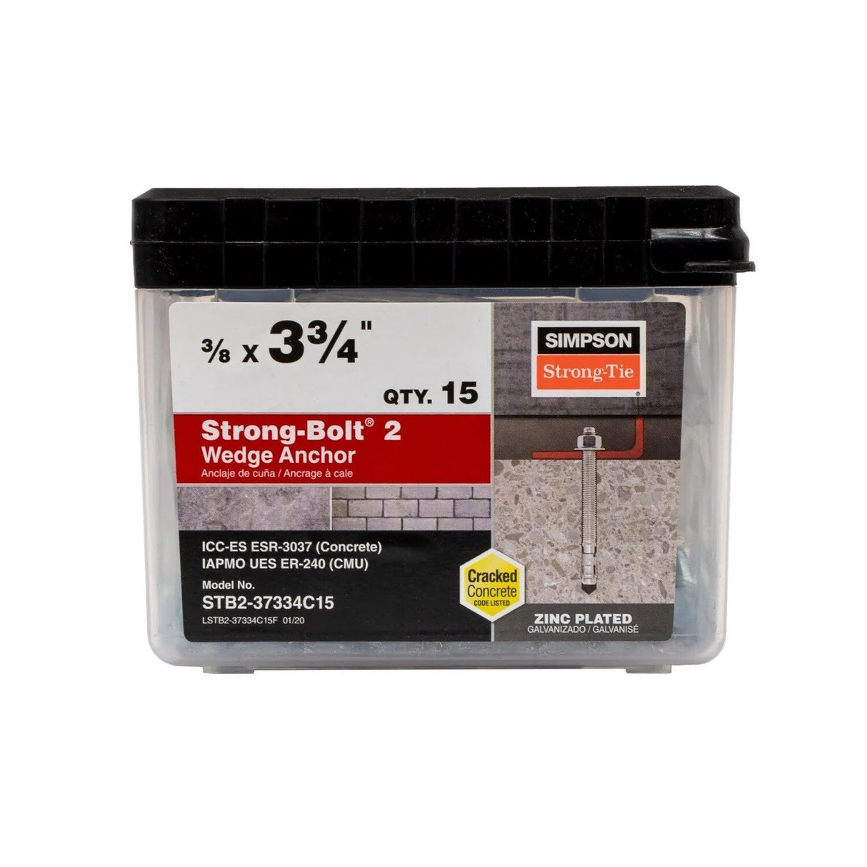 Simpson Strong-Tie STB2-37334C15 Strong Bolt (3/8" x 3-3/4") 2 Wedge Anchor - Carbon Steel (15 Pack) - 2