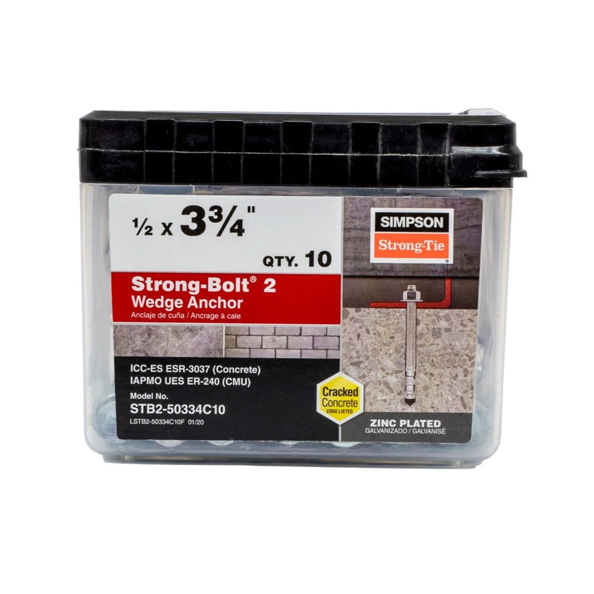 Simpson Strong-Tie STB2-50334C10 Strong Bolt (1/2" x 3-3/4") 2 Wedge Anchor - Zinc Plated (10 Pack) - 2