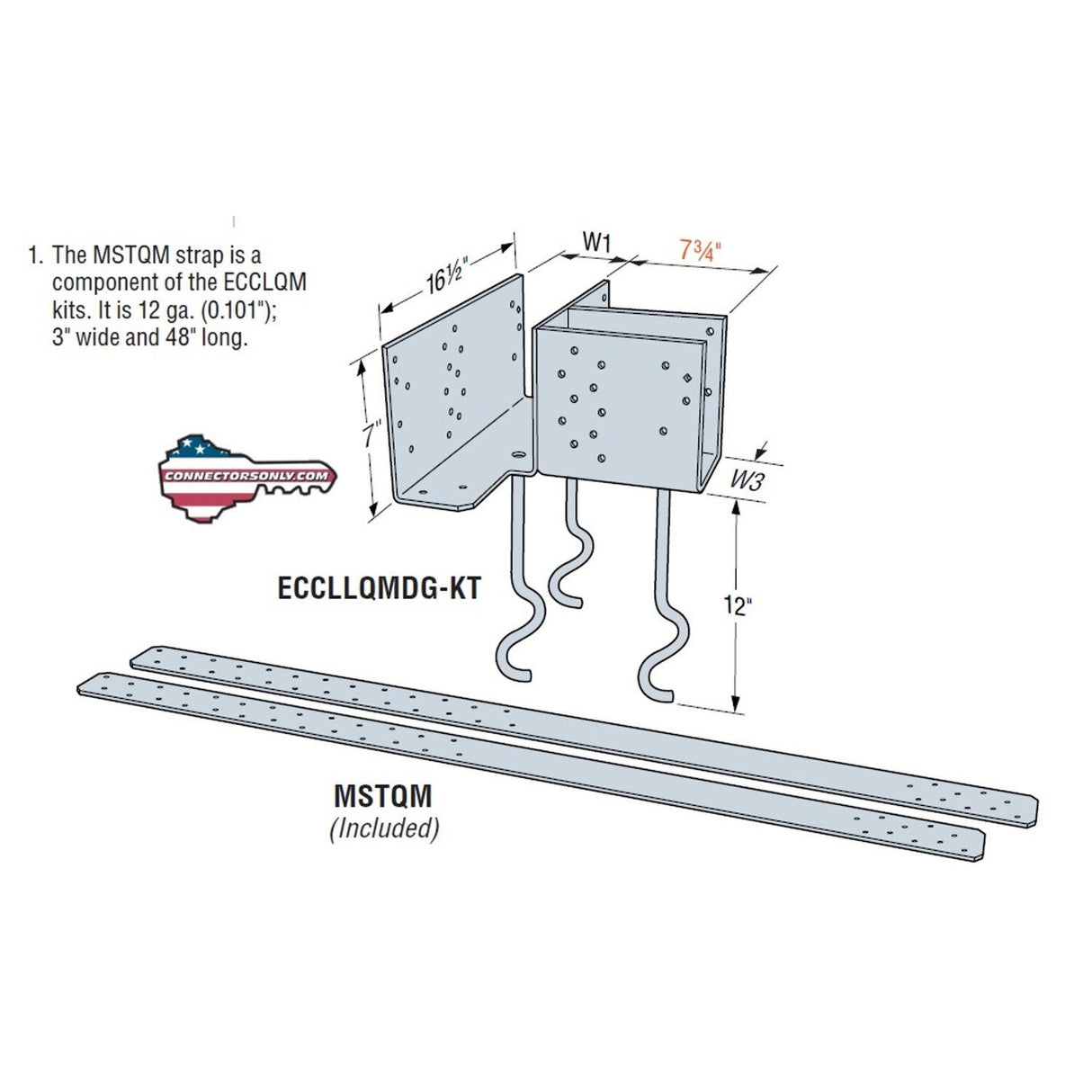 Simpson ECCLRQMD3.62G-KT Strong-Tie Simpson Hot-Dip Galvanized L-Shape Embedded Column Cap for 3-5/8 in Beam, Skewed Right - High Uplift & Lateral Resistance for Concrete/CMU Piers - 4