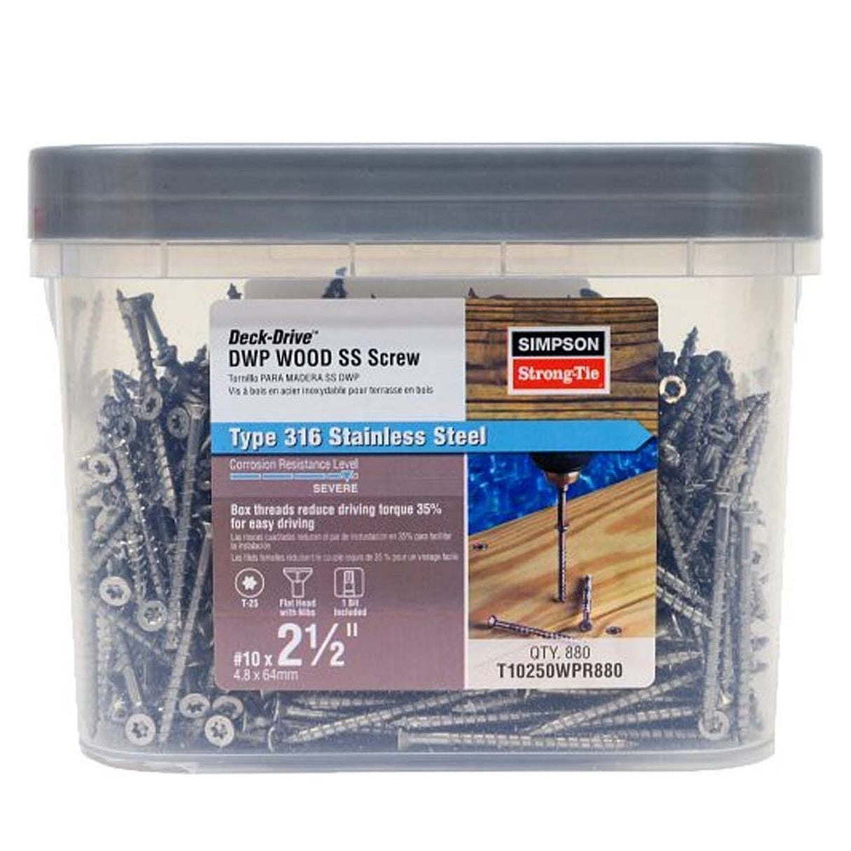 Simpson Strong-Tie T10250WPR880 Deck-Drive (#10 x 2-1/2") T-25 DWP Wood SS Screw, Flat Head, Type 316 (880 Pack)