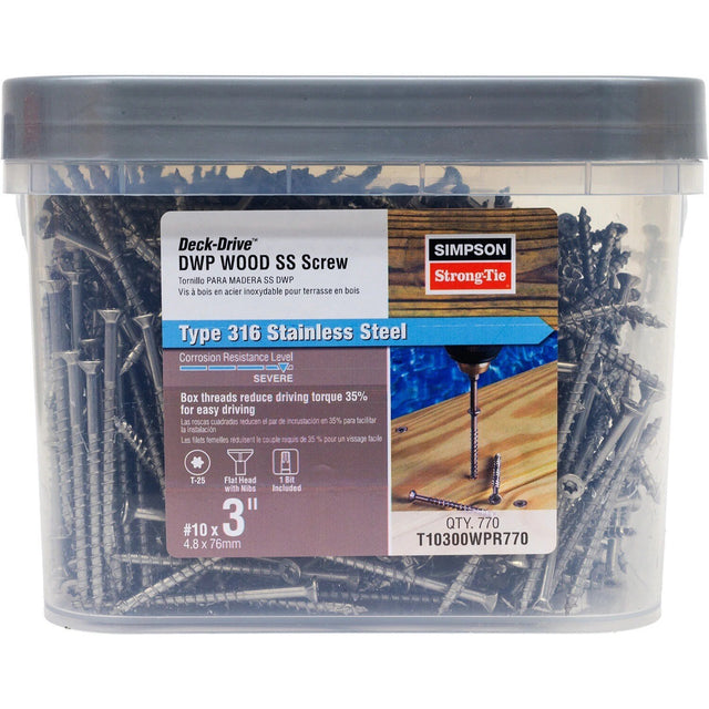 Simpson Strong-Tie T10300WPR770 Deck-Drive (#10 x 3") T-25 DWP Wood SS Screw, Flat Head, Type 316 (770 Pack)