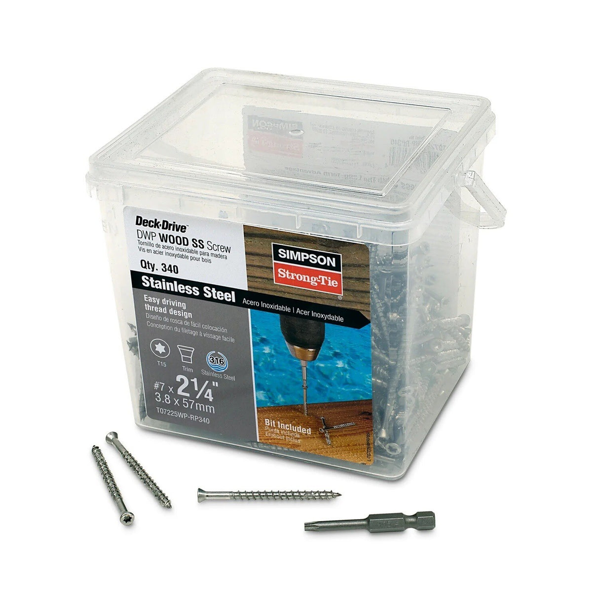 Simpson Strong-Tie T07225WP-RP340 Deck-Drive (#7 x 2-1/4") T-15 DWP Wood SS Screw, Trim Head, Type 316 (340 Pack) - 2