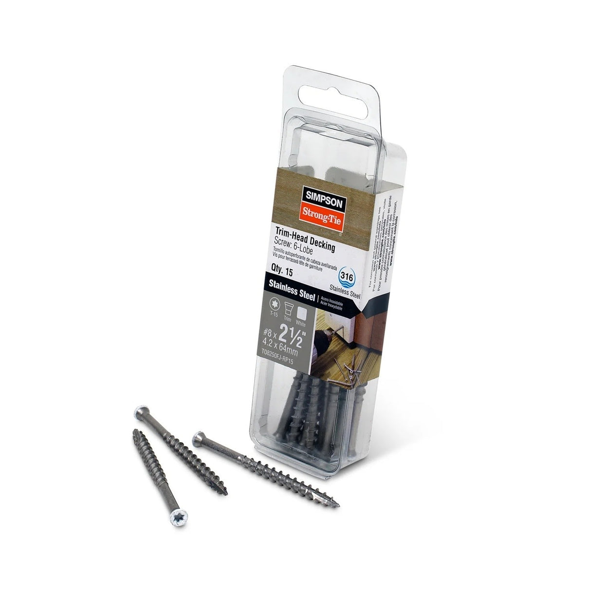 Simpson Strong-Tie T08250FJ-RP15 (#8 x 2-1/2") T15 6-Lobe Drive Trim-Head Screw, Type 316, White (15 Pack) - 2