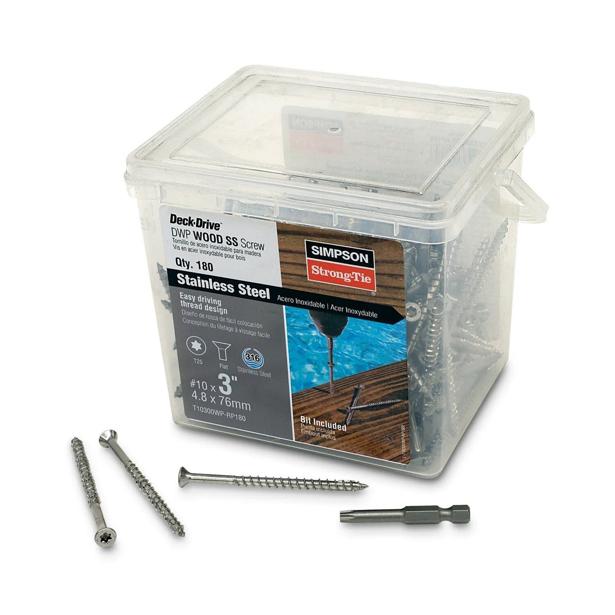 Simpson Strong-Tie T10300WP-RP180 Deck-Drive (#10 x 3") T-25 DWP Wood SS Screw, Flat Head, Type 316 (180 Pack) - 2