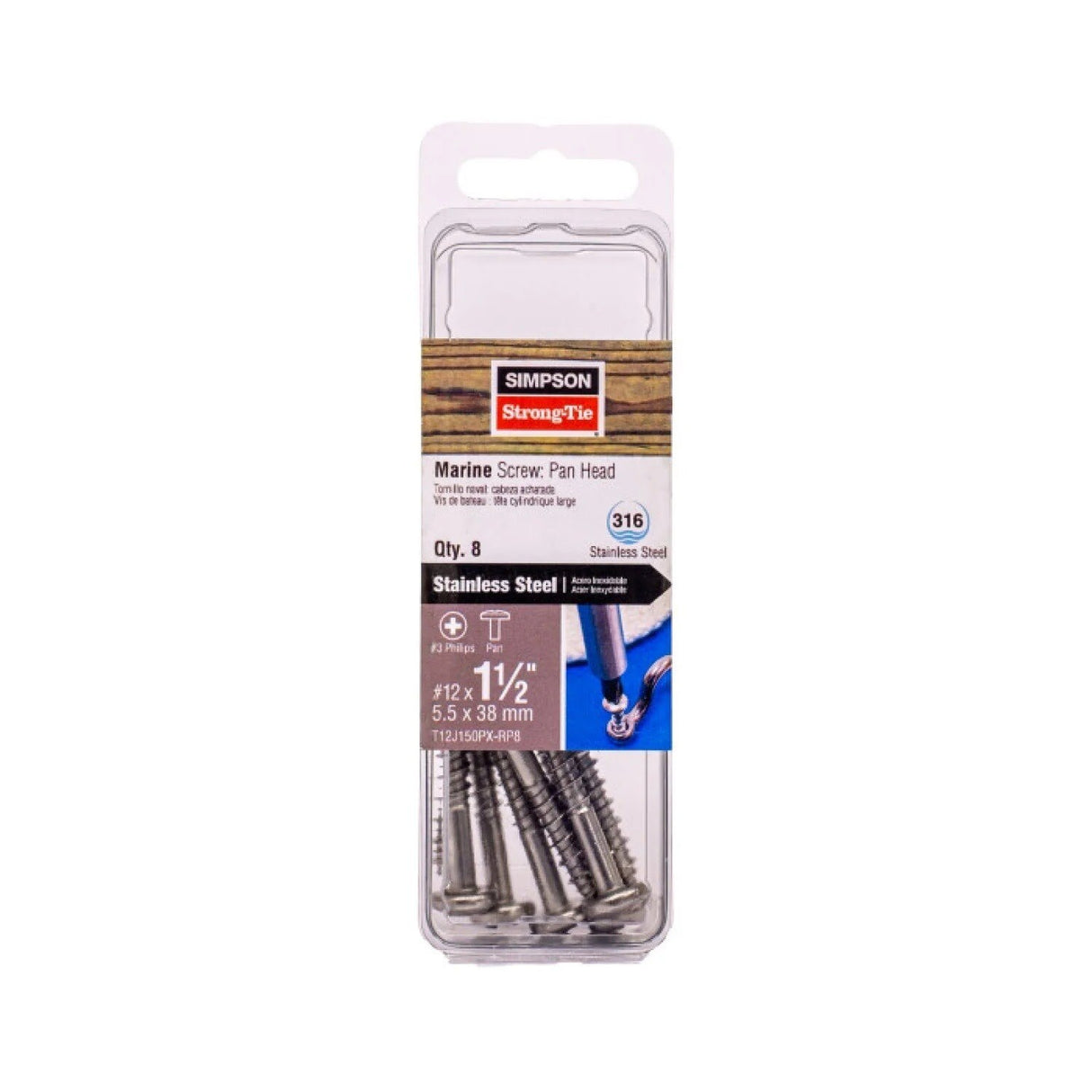 Simpson Strong-Tie T12J150PX-RP8 (#12 x 1-1/2") Marine Screw, Pan Head #3 Phillips Drive, Type 316 (8 Pack)