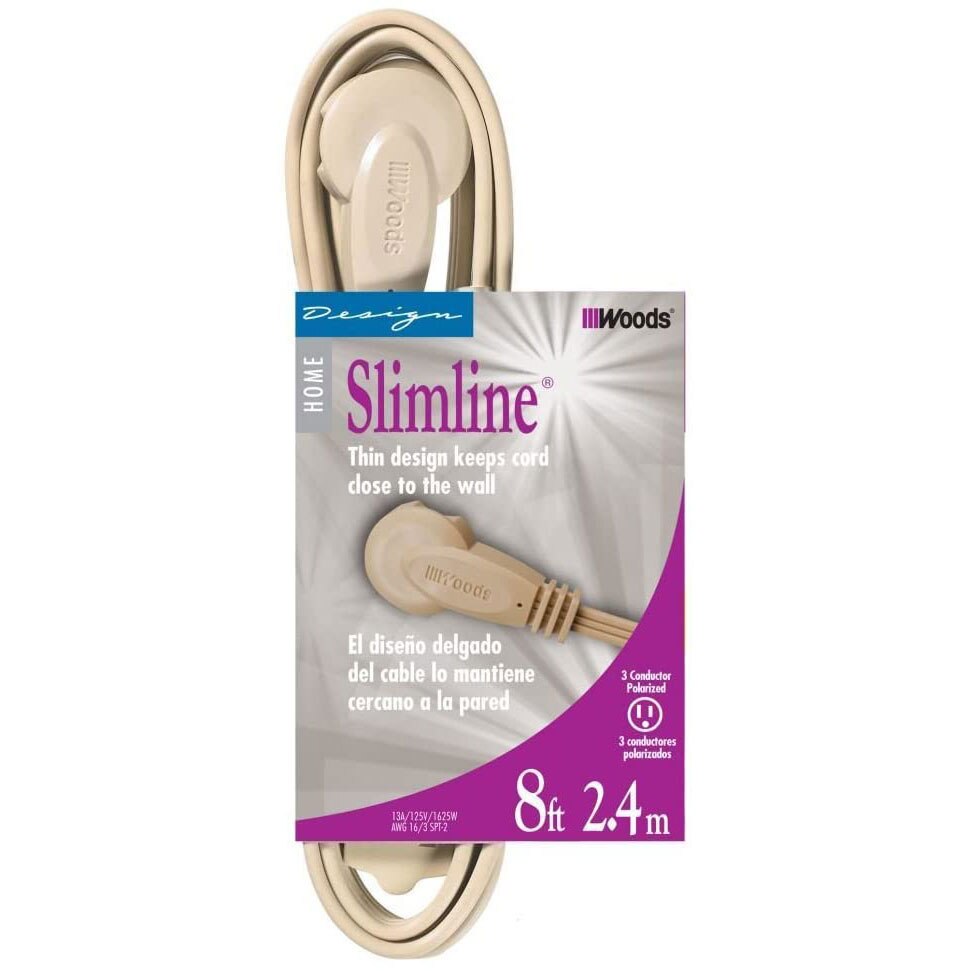SlimLine 2254 Flat Plug Extension Cord, 3-Wire, 8-Foot, Beige