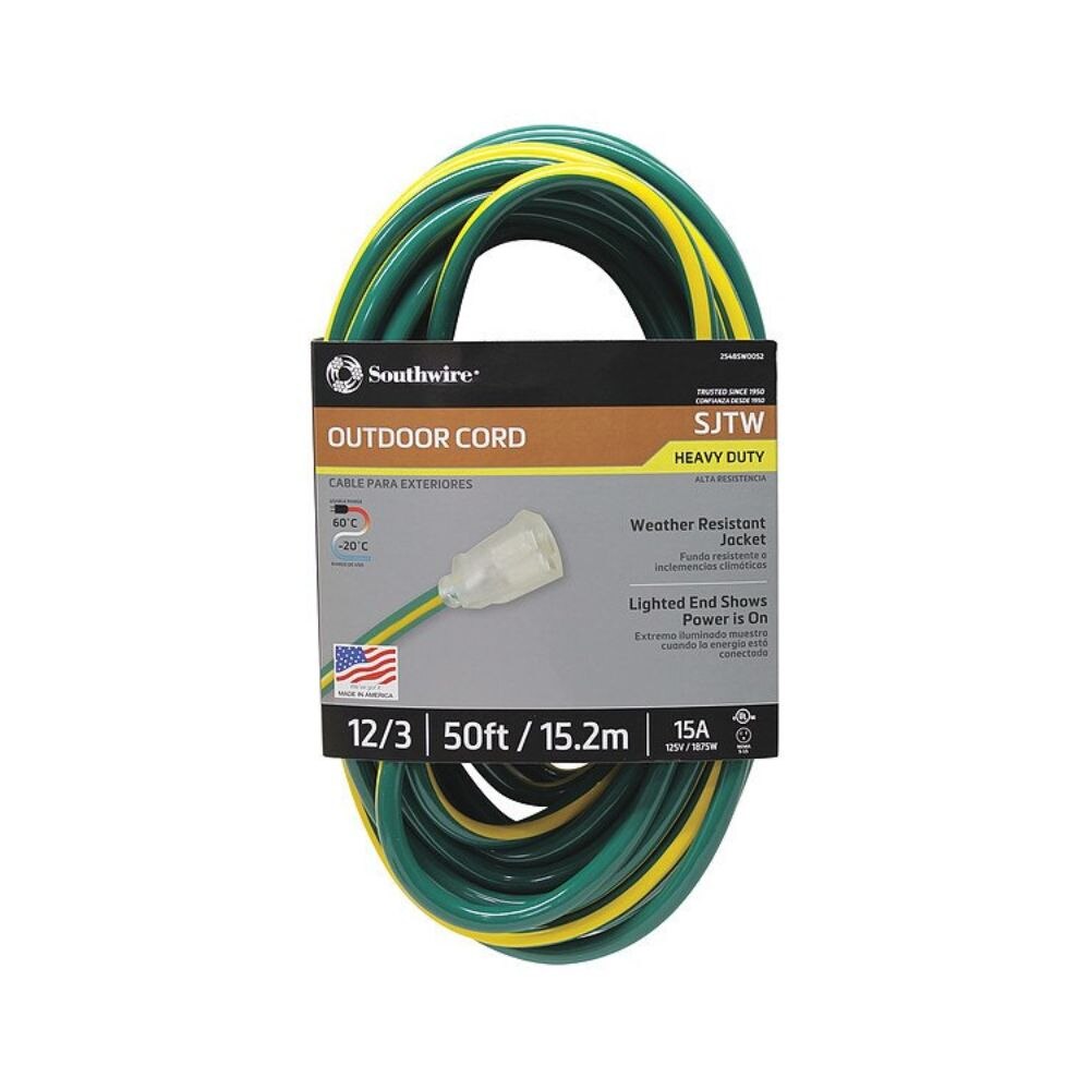 Southwire 2548SW0052 50' Extension Cord, 12/3 Gauge SJTW (Weather Resistant), Dark Green/Yellow Color, Low Energy