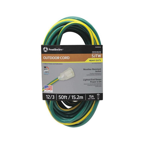 Southwire 2548SW0052 50' Extension Cord, 12/3 Gauge SJTW (Weather Resistant), Dark Green/Yellow Color, Low Energy