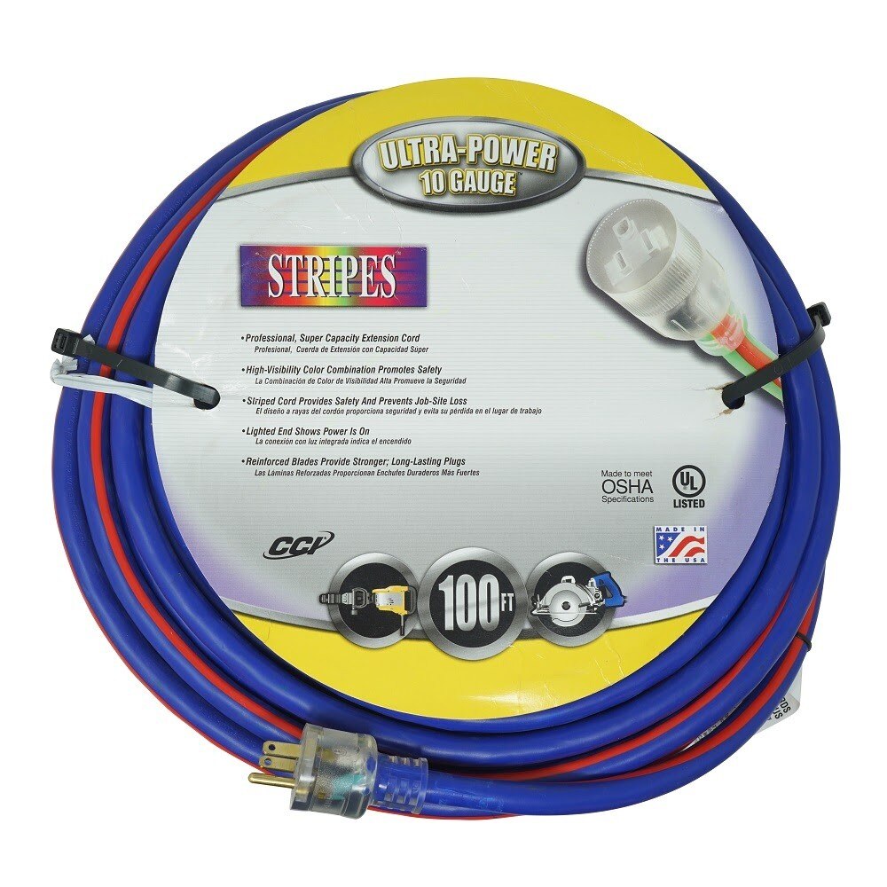 Southwire 26490064 100' Extension Cord, 10/3 Gauge SJTW, Blue/Red Color, Low Energy