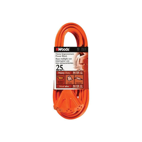 Southwire 825 25' Extension Cord, 14/3 Gauge SJTW, Orange Color, Tri-Outlet