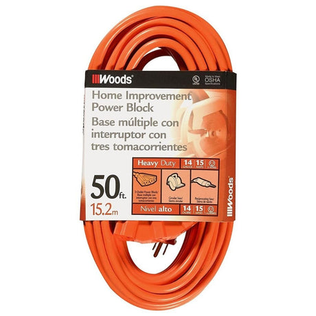 Southwire 826 50 Extension Cord, 14/3 Gauge SJTW, Orange Color, Tri-Outlet