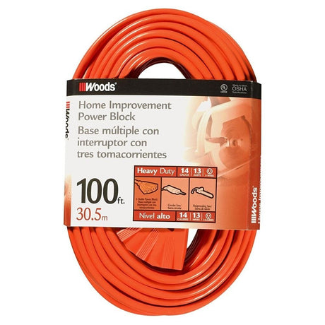 Southwire 827 100' Extension Cord, 14/3 Gauge SJTW, Orange Color, Tri-Outlet