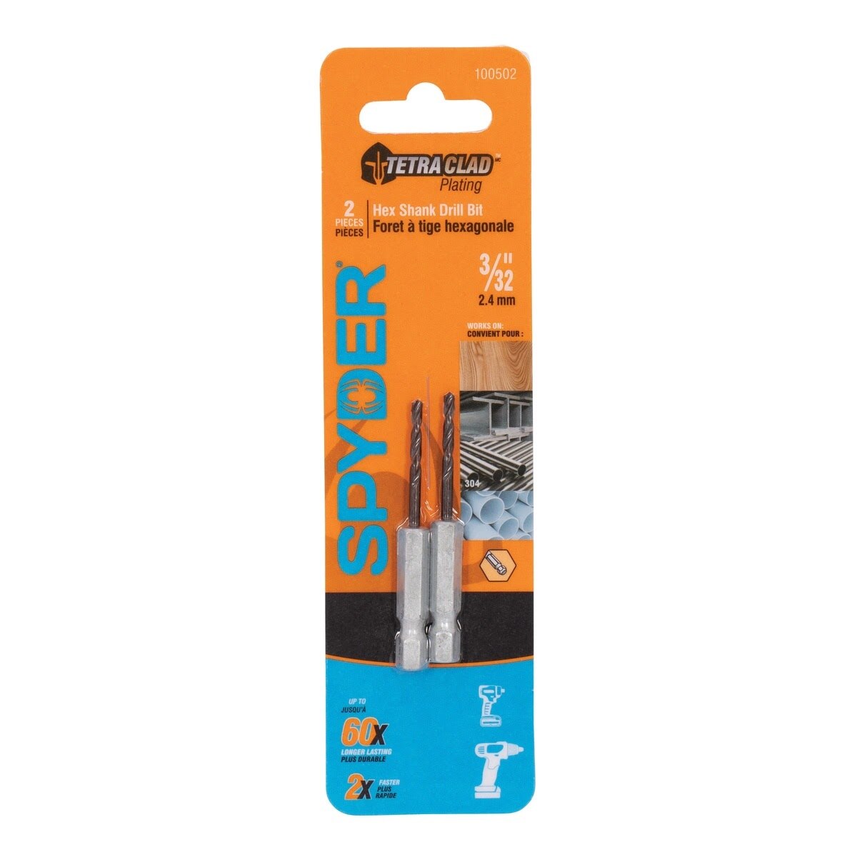 Spyder 100502 3/32" TetraClad Hex Shank Drill Bit for Multi-Material Drilling (2 Pack) - 4