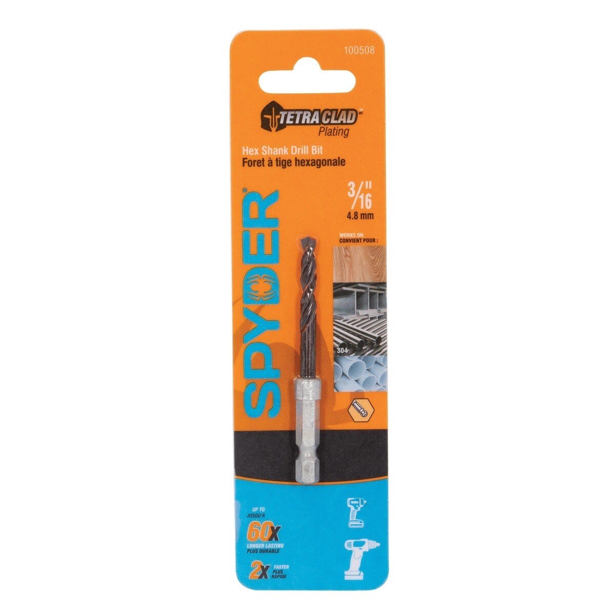 Spyder 100508 3/16" TetraClad Hex Shank Drill Bit for Multi Material Drilling - 5