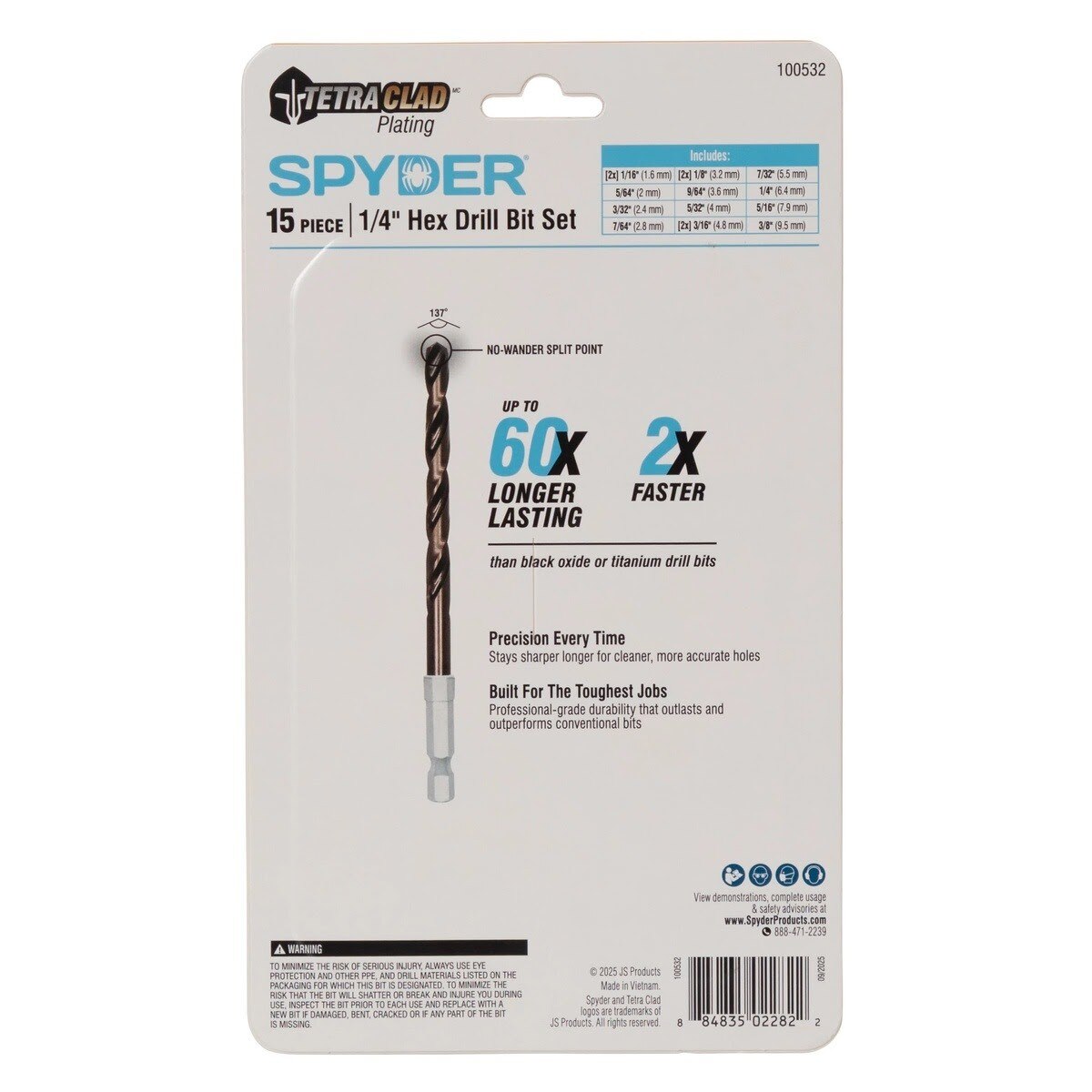 Spyder 100532 TetraClad 1/4" Hex Shank Drill Bit Set for Metal Wood PVC (15 Piece Set) - 8