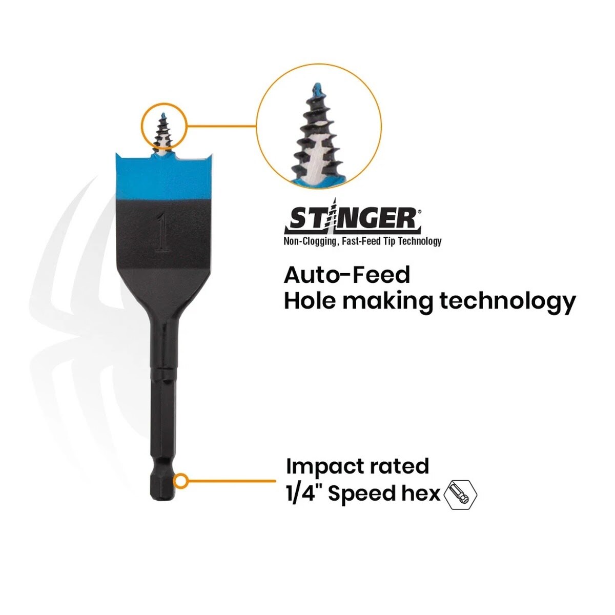 Spyder 11058 Stinger Stubby Spade Bit Set with Auto-Feed Threaded Tip for Tight Spaces 4 in Overall Length (4 Piece Set) - 3