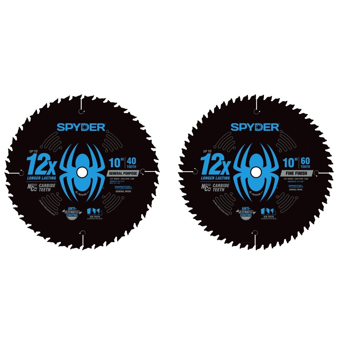 Spyder 13114 10 in 40T and 60T NiCo Carbide Combo Circular Saw Blade Set for Wood (2 Pack)