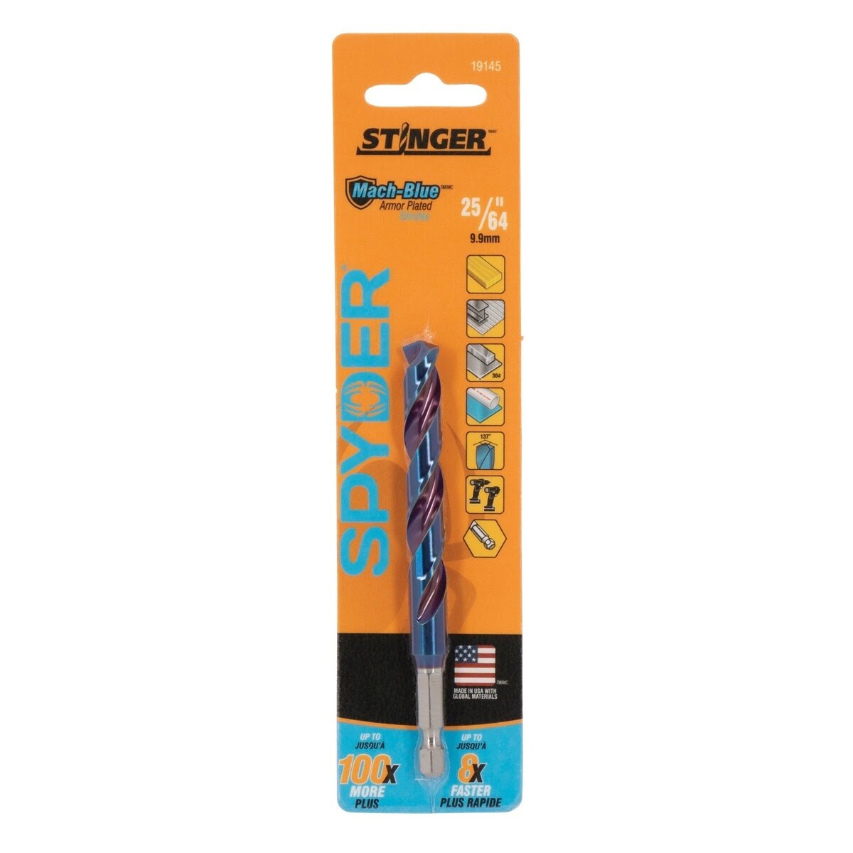 Spyder 19145 25/64" Mach-Blue Armor Plated HSS Hex Shank Drill Bit - 3