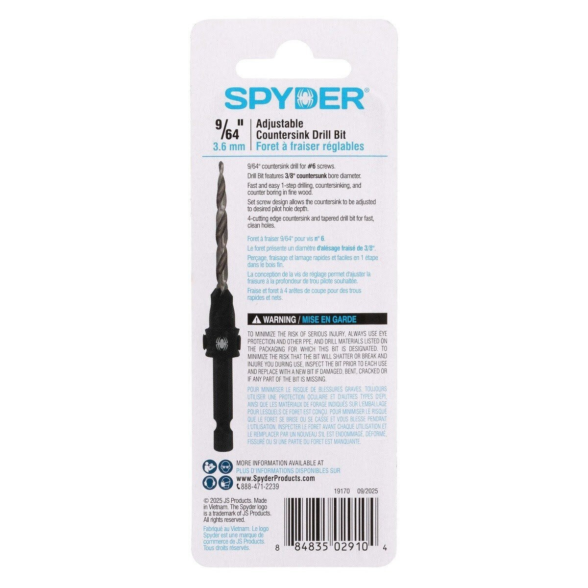 Spyder 19170 9/64" HSS Tapered Adjustable No. 6 Countersink Twist Drill Bit with 1/4" Hex Shank - 5