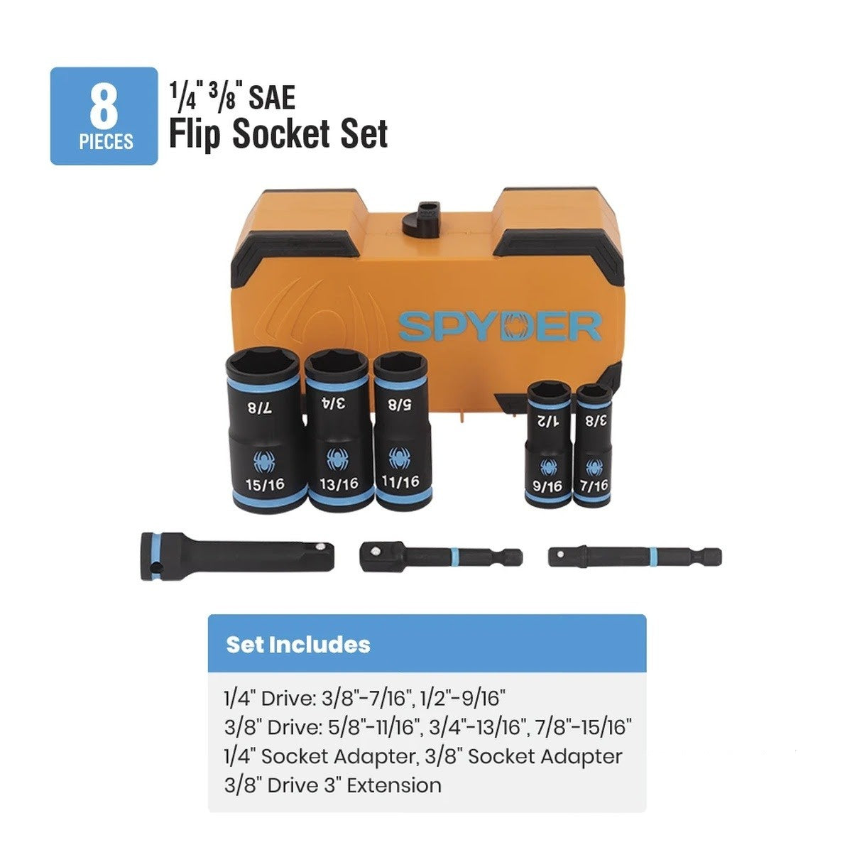 Spyder 19711 8-Piece 1/4" and 3/8" Drive SAE Flip Socket Set with 3" Impact Extension and Adapters (8 Piece) - 3