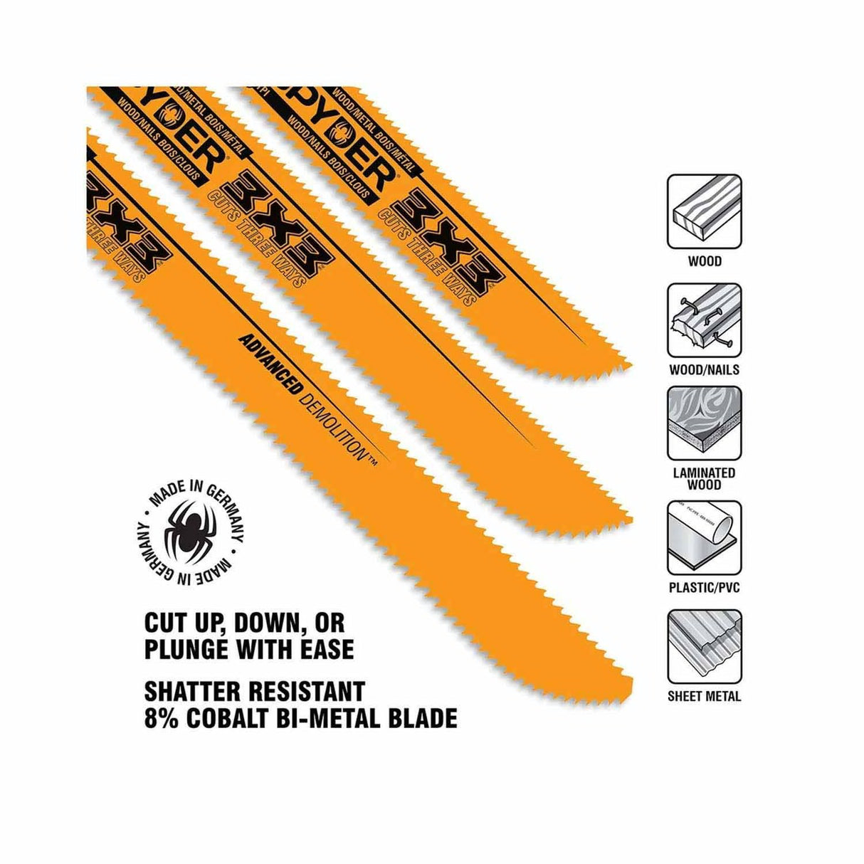 Spyder 200206 3X3 8" 8/12 x 10 TPI Advanced Demolition Reciprocating Saw Blade - 2