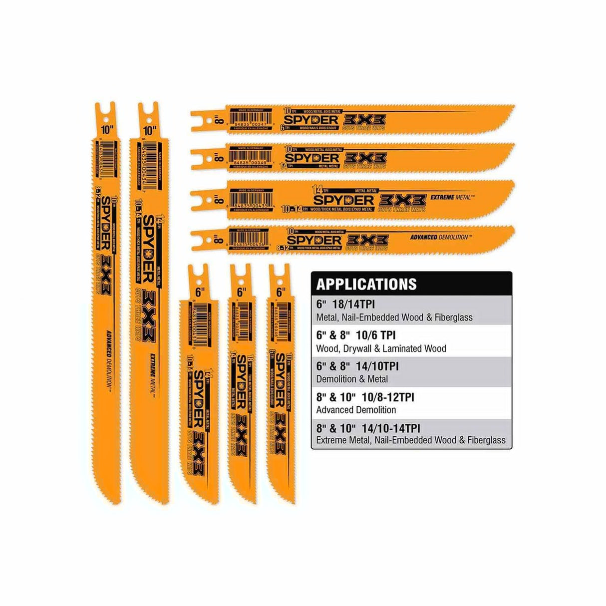 Spyder 200206 3X3 8" 8/12 x 10 TPI Advanced Demolition Reciprocating Saw Blade - 3