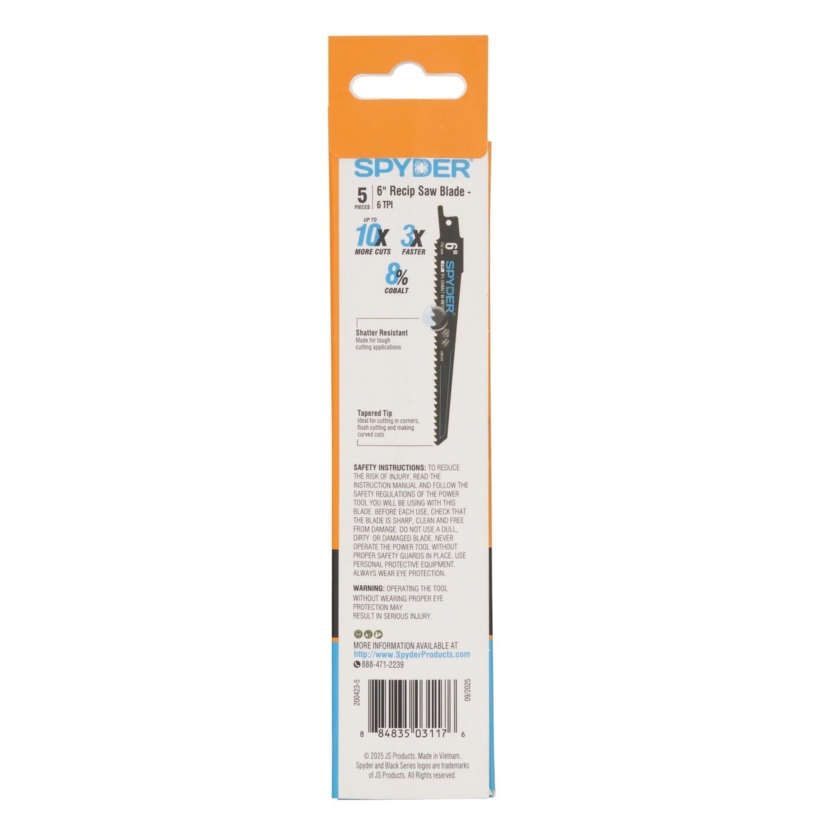 Spyder 200423-5 6" 6 TPI Bi-Metal Reciprocating Saw Blade for Wood with Nails (5 Pack) - 5