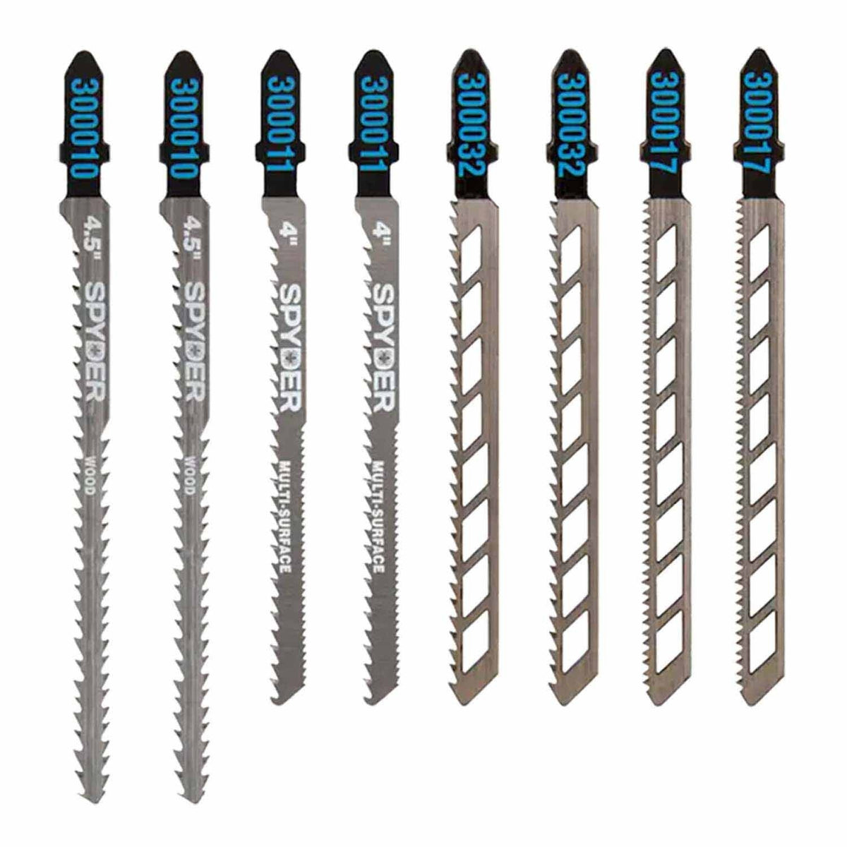 Spyder 300097 8-Piece Double-Sided And Skeleton T-Shank High-Carbon Steel Jig Saw Blade Set