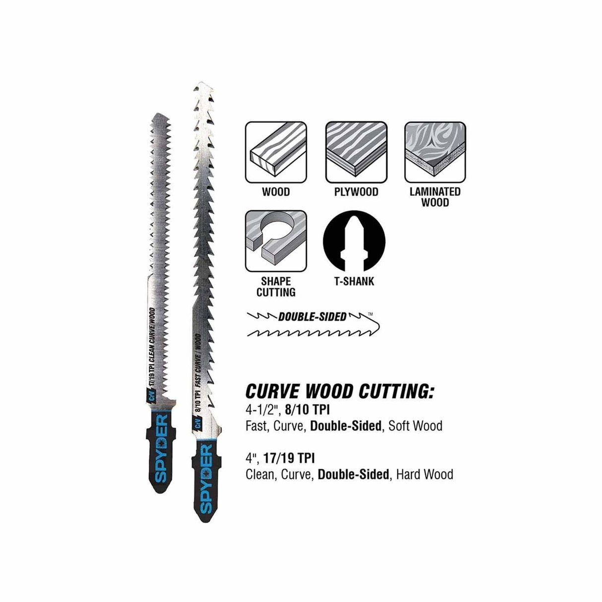 Spyder 300100 Double-Sided 17/19-TPI T-Shank High-Carbon Steel Jig Saw Blades (2-Pack) - 2